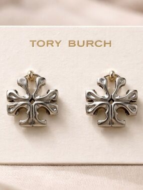 Tory Burch Polished Silver-Tone Cutout Logo Drop Earrings